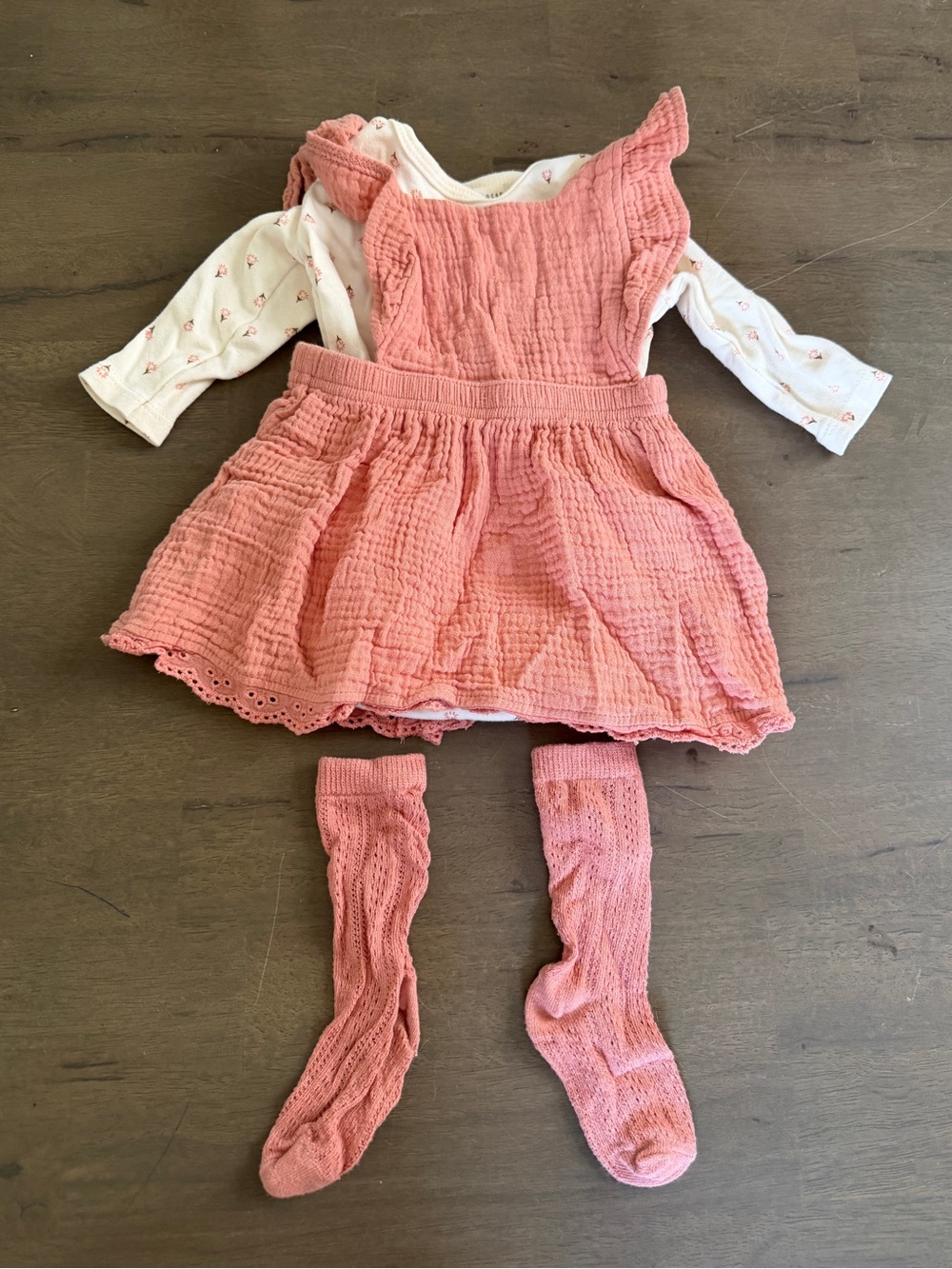 Rabbit and Bear Baby 3pc Pink Textured Sundress, Bodysuit & Matching Knee Sock